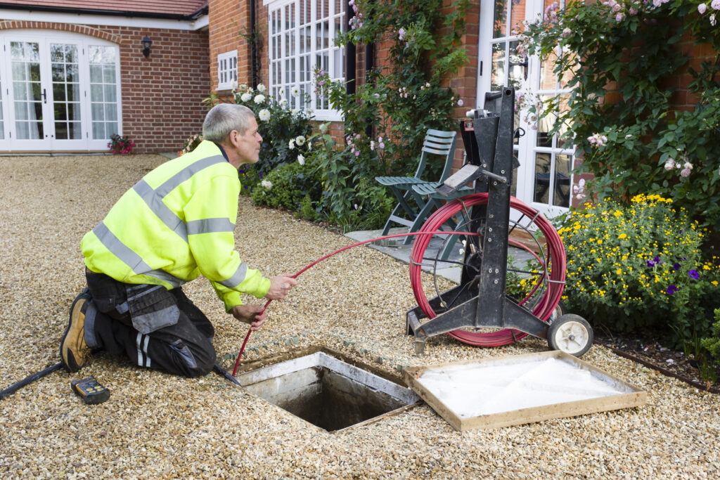 BUCKINGHAM, UK - October 16, 2019. A professional drain cleaning engineer inspects a blocked household drain