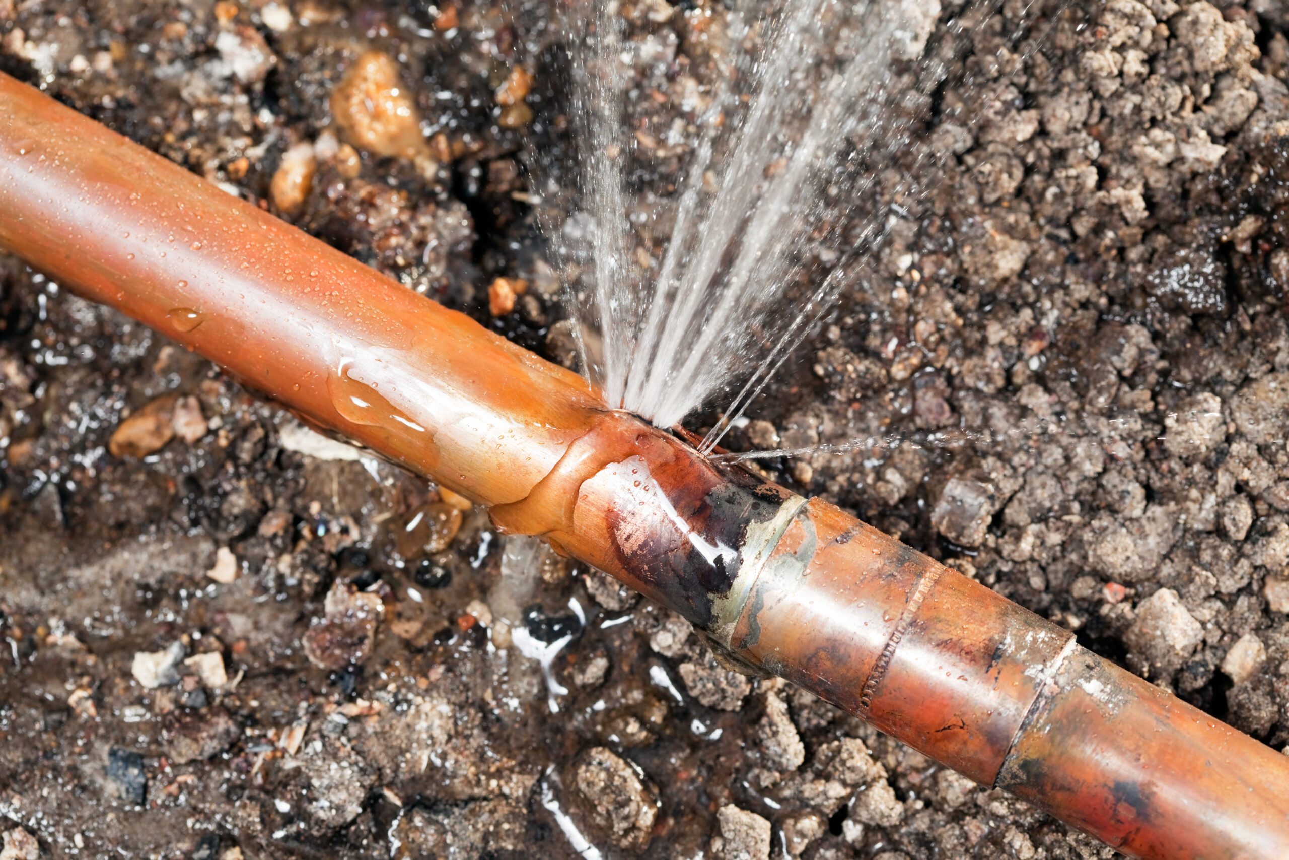 A 3/4" copper water main has cracked below ground outside a house. This is the line which runs from the street and services and individual house. In extreme cold this pipe can freeze and burst causing costly repairs. The background is excavated dirt.